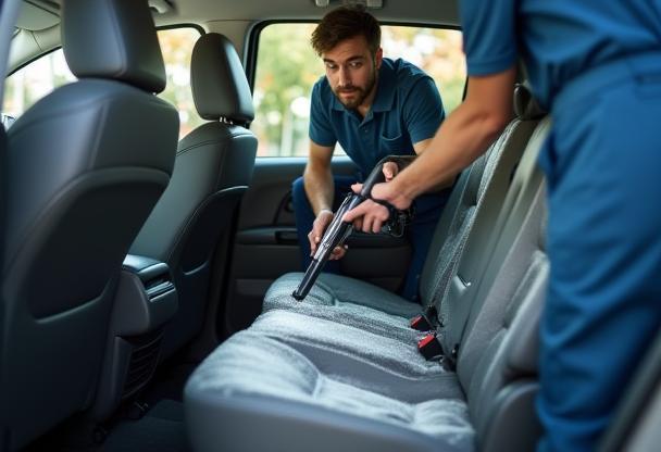 Team members meticulously cleaning a car's interior.