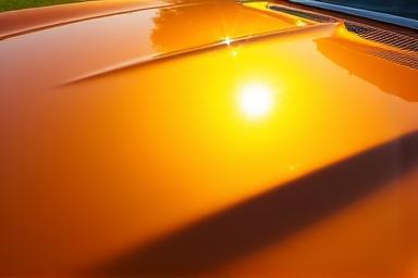 Detailed view of sunlight reflecting on a polished car hood.