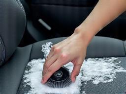 Cleaning car seat upholstery with a cleaning tool.
